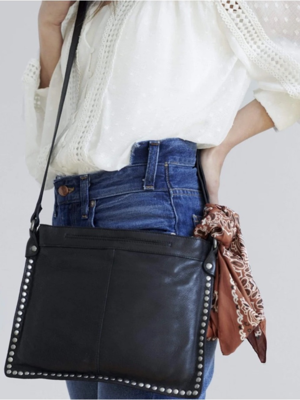 Latico Women’s Gabriel Black Leather Studded Flat Rectangular Boho Crossbody Bag
